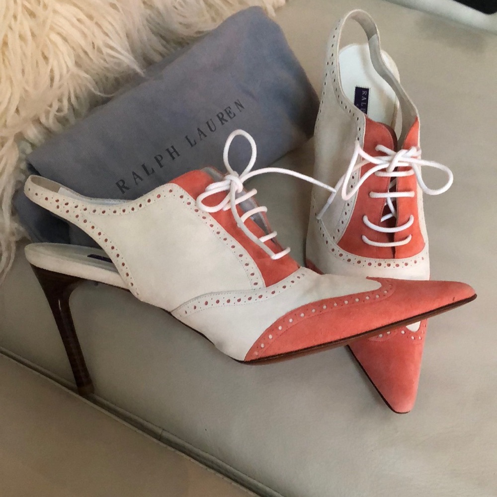 Ralph Lerann wingtip, sling, back spectator, leather suede, high fashion heel